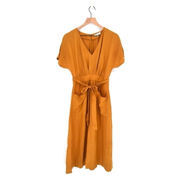 Madewell Linen Blend Dolman Sleeve Tie Waist Midi Dress in Mustard Women's 0 - Picture 2 of 8
